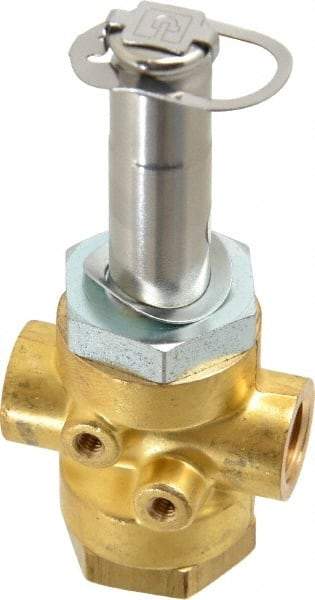 Parker - 1/4" Port, Three Way, Direct Acting, Brass Solenoid Valve - Normally Open, 235 Max PSI, NBR Seal - Exact Industrial Supply