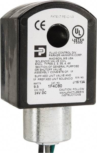 Parker - 24 Volt, 18 Coil Lead Length, Class F, Solenoid Coil - 9.5 Watt, NEMA 4X Enclosure, Use with Parker Skinner Gold Ring Series Valves - Exact Industrial Supply