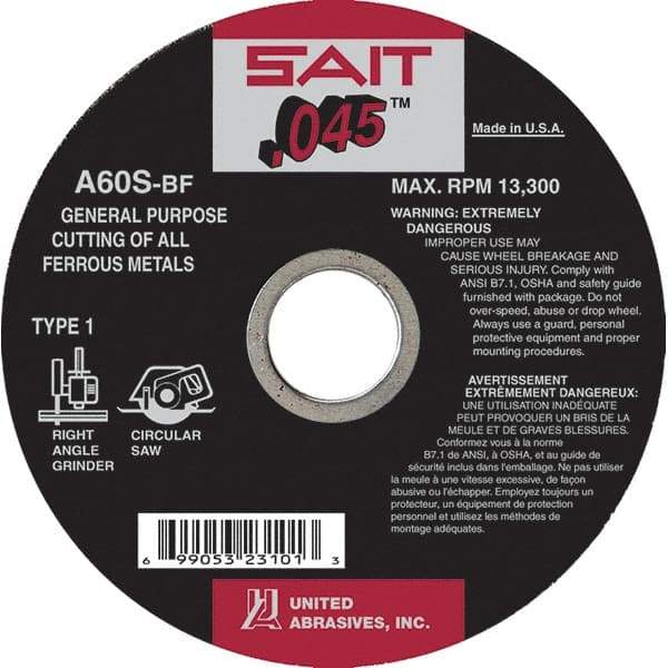 Sait - 7" 60 Grit Aluminum Oxide Cutoff Wheel - 0.045" Thick, 5/8" Arbor, 8,500 Max RPM, Use with Angle Grinders - Exact Industrial Supply