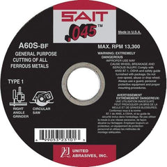 Sait - 7" 60 Grit Aluminum Oxide Cutoff Wheel - 0.045" Thick, 5/8" Arbor, 8,500 Max RPM, Use with Angle Grinders - Exact Industrial Supply
