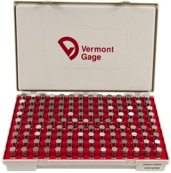 Vermont Gage - 125 Piece, 14-16.48 mm Diameter Plug and Pin Gage Set - Plus 0.01 mm Tolerance, Class ZZ - Exact Industrial Supply