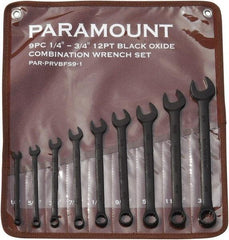 Paramount - 9 Piece, 1/4" to 3/4", 12 Point Combination Wrench Set - Inch Measurement Standard, Black Oxide Finish, Comes in Canvas Roll - Exact Industrial Supply