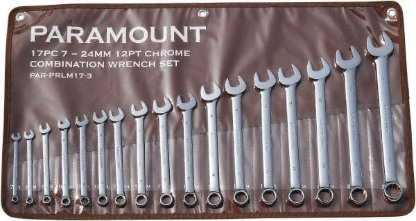 Paramount - 17 Piece, 7mm to 24mm, 12 Point Combination Wrench Set - Metric Measurement Standard, Full Polish Finish, Comes in Canvas Roll - Exact Industrial Supply