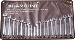 Paramount - 18 Piece, 1/4" to 3/4" (10mm to 18mm), 12 Point Combination Wrench Set - Inch/Metric Measurement Standard, Full Polish Finish, Comes in Canvas Roll - Exact Industrial Supply