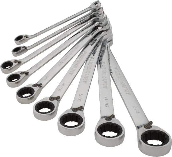 Paramount - 9 Piece, 9/32" to 3/4", 12 Point Ratcheting Reversible Combination Wrench Set - Inch Measurement Standard, Chrome Finish, Comes in Canvas Roll - Exact Industrial Supply