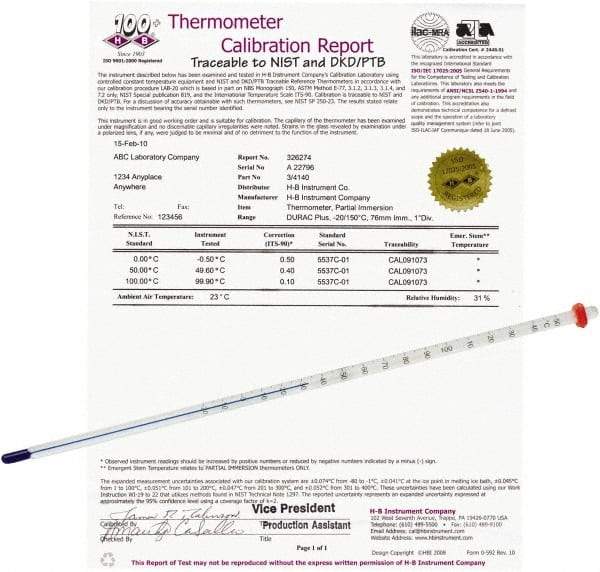 H-B Instruments - -20 to 110°C, Organic Filled Precision Thermometer - 12 Inch Immersion Length - Exact Industrial Supply