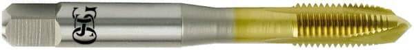 OSG - M6x1.00 Metric Coarse, 3 Flute, TiN Finish, Vanadium High Speed Steel Spiral Point Tap - Plug Chamfer, Right Hand Thread, 2-1/2" OAL, 1" Thread Length, 0.255" Shank Diam, Series 11115 - Exact Industrial Supply