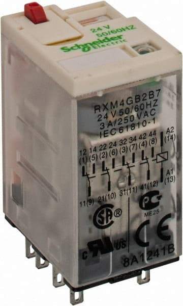 Square D - 14 Pins, 1.2 VA Power Rating, Ice Cube Electromechanical Plug-in General Purpose Relay - 3 Amp at 277 VAC, 4PDT, 24 VAC, 21mm Wide x 40mm High x 27mm Deep - Exact Industrial Supply