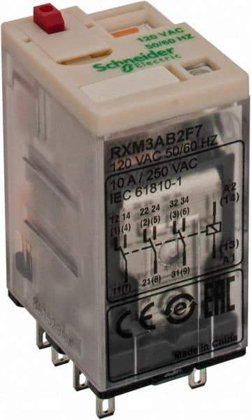 Square D - 11 Pins, 1.2 VA Power Rating, Ice Cube Electromechanical Plug-in General Purpose Relay - 10 Amp at 277 VAC, 3PDT, 120 VAC, 21mm Wide x 40mm High x 27mm Deep - Exact Industrial Supply