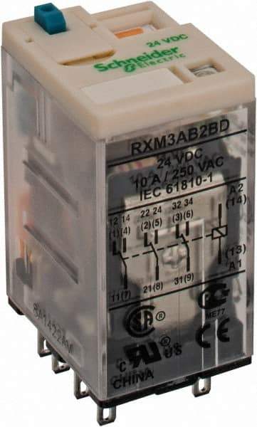 Square D - 11 Pins, Ice Cube Electromechanical Plug-in General Purpose Relay - 10 Amp at 277 V, 3PDT, 24 VDC, 21mm Wide x 40mm High x 27mm Deep - Exact Industrial Supply