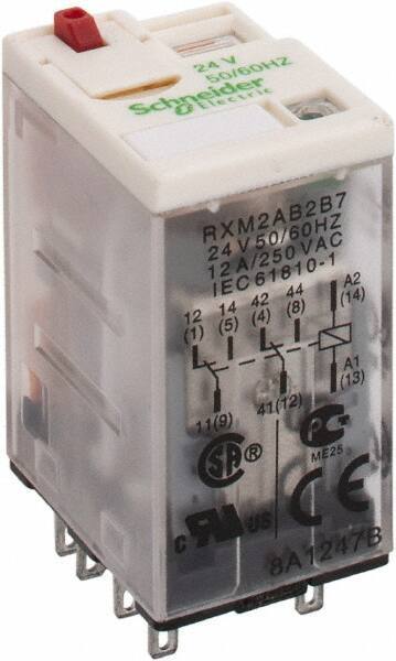 Square D - 8 Pins, 1.2 VA Power Rating, Ice Cube Electromechanical Plug-in General Purpose Relay - 12 Amp at 277 VAC, DPDT, 24 VAC, 21mm Wide x 40mm High x 27mm Deep - Exact Industrial Supply