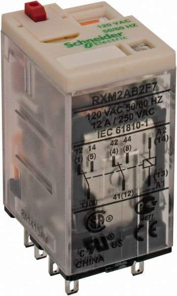 Square D - 8 Pins, 1.2 VA Power Rating, Ice Cube Electromechanical Plug-in General Purpose Relay - 12 Amp at 277 VAC, DPDT, 120 VAC, 21mm Wide x 40mm High x 27mm Deep - Exact Industrial Supply