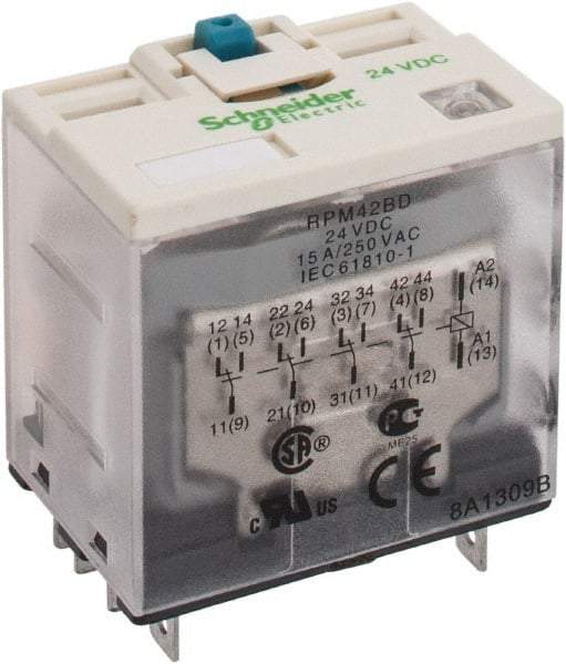 Square D - 14 Pins, Ice Cube Electromechanical Plug-in General Purpose Relay - 15 Amp at 277 V, 4PDT, 24 VDC, 41mm Wide x 39mm High x 27mm Deep - Exact Industrial Supply
