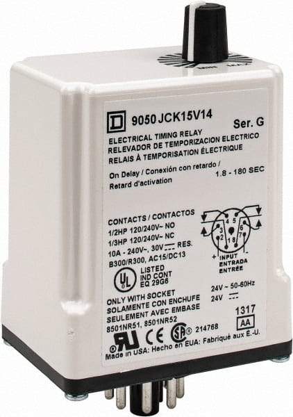 Square D - 8 Pin, 3 min Delay, DPDT Time Delay Relay - 10 Contact Amp, 24 VAC/VDC - Exact Industrial Supply