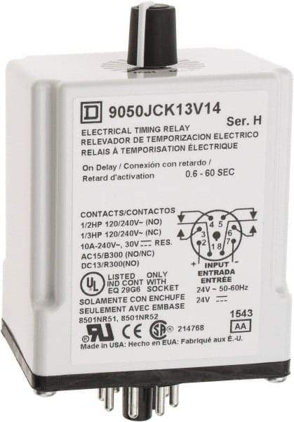 Square D - 8 Pin, 999 hr Delay, DPDT Time Delay Relay - 10 Contact Amp, 24 VAC/VDC - Exact Industrial Supply