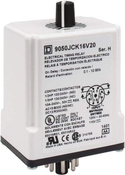 Square D - 8 Pin, 10 min Delay, DPDT Time Delay Relay - 10 Contact Amp, 110 VDC & 120 VAC - Exact Industrial Supply