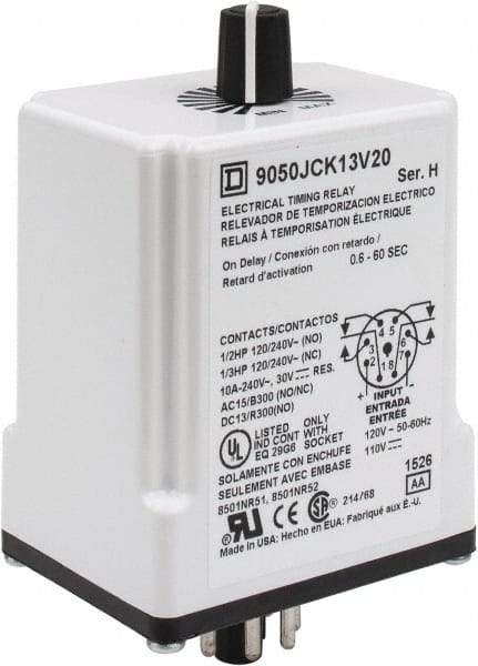 Square D - 8 Pin, 1 min Delay, Multiple Range DPDT Time Delay Relay - 10 Contact Amp, 110 VDC & 120 VAC - Exact Industrial Supply