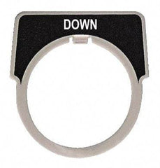 Square D - Half Round, Aluminum Legend Plate - Down - Black Background, White Letters, 1.18 Inch Hole Diameter - Exact Industrial Supply