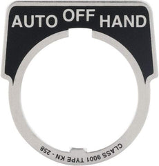 Square D - Metal Legend Plate - Auto-Off-Hand - Black Background, White Letters, 30mm Hole Diameter - Exact Industrial Supply