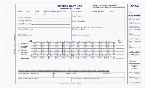 REDIFORM - 31 Sheet, 9 x 11", Driver\x92s Daily Log - Blue & White - Exact Industrial Supply