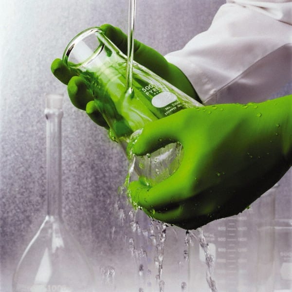 Disposable Gloves: Size X-Large, 5 mil, Nitrile-Coated, Nitrile Green, 11″ Length, Smooth, FDA Approved, Static Dissipative