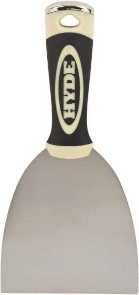 Hyde Tools - 4" Wide Chisel Edge Blade Carbon Steel Putty Knife - Flexible, Ergosoft Plastic Overmold Handle, 8-1/2" OAL - Exact Industrial Supply