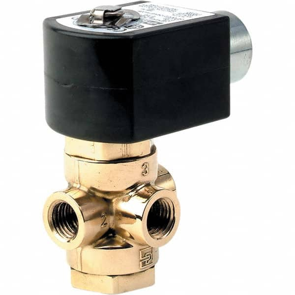 Parker - 120/60 - 110/50 VAC 1/4" NPT Port Brass Three-Way Direct Acting Solenoid Valve - Exact Industrial Supply