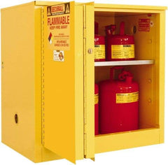 Securall Cabinets - 2 Door, 1 Shelf, Yellow Steel Standard Safety Cabinet for Flammable and Combustible Liquids - 35" High x 36" Wide x 24" Deep, Sliding Door, 3 Point Key Lock, 30 Gal Capacity - Exact Industrial Supply