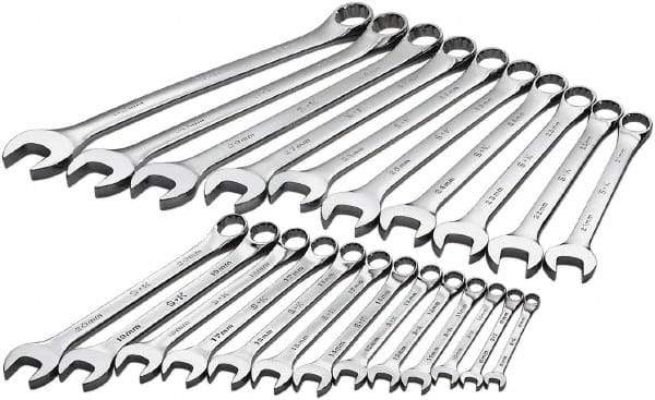 SK - 23 Piece, 8mm to 32mm, 12 Point Combination Wrench Set - Metric Measurement Standard, Chrome Finish, Comes in Rack - Exact Industrial Supply