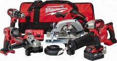 Milwaukee Tool - 18 Volt Cordless Tool Combination Kit - Includes 1/2" Hammer Drill Driver, 1/4" Impact Driver, 1-Hour Charger, Circular Saw, Contractor Bag, Cut-Off Grinder, Reciprocating Saw, Sawzall Blade & Work Light, Lithium-Ion Battery Included - Exact Industrial Supply