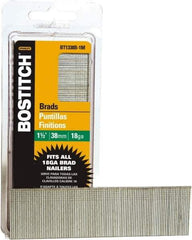 Stanley Bostitch - 18 Gauge 0.05" Shank Diam 1-1/2" Long Brad Nails for Power Nailers - Steel, Bright Finish, Ring Shank, Straight Stick Adhesive Collation, Brad Head, Chisel Point - Exact Industrial Supply