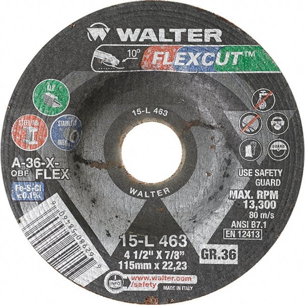 WALTER Surface Technologies - 4-1/2" Diam x 7/8" Hole, 36 Grit Surface Grinding Wheel - Exact Industrial Supply