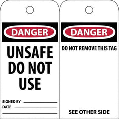 NMC - 3" High x 6" Long, DANGER \x96 UNSAFE DO NOT USE, English Safety & Facility Accident Prevention Tag - Tag Header: Danger, 2 Sides, White Poly - Exact Industrial Supply