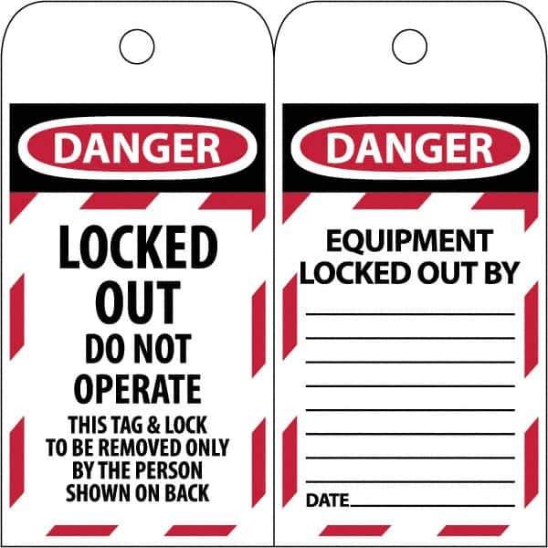 NMC - 3" High x 6" Long, LOCKED OUT - DO NOT OPERATE, English Safety & Facility Lockout Tag - Tag Header: Danger, 2 Sides, Black & Red Poly - Exact Industrial Supply