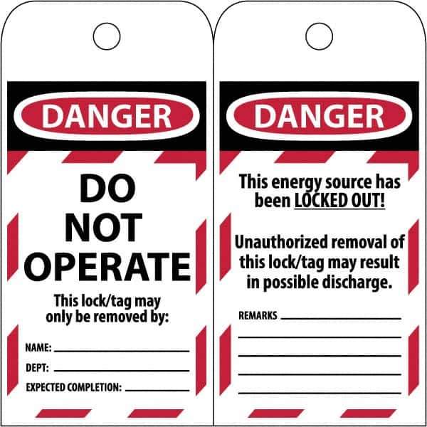 NMC - 3" High x 6" Long, LOCKED OUT - DO NOT OPERATE, English Safety & Facility Lockout Tag - Tag Header: Danger, 2 Sides, Black & Red Poly - Exact Industrial Supply