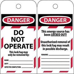 NMC - 3" High x 6" Long, LOCKED OUT - DO NOT OPERATE, English Safety & Facility Lockout Tag - Tag Header: Danger, 2 Sides, Black & Red Poly - Exact Industrial Supply