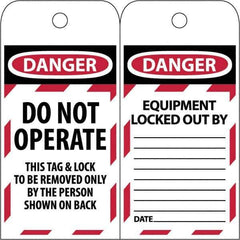 NMC - 3" High x 6" Long, DANGER - DO NOT OPERATE - EQUIPMENT LOCK-OUT - THIS TAG & LOCK TO BE REMOVED ONLY BY THE PERSON SHOWN ON BACK, English Safety & Facility Lockout Tag - Tag Header: Danger, 2 Sides, Black & Red Poly - Exact Industrial Supply