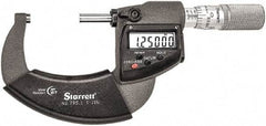Starrett - 1 to 2" Range, Standard Throat IP67 Electronic Outside Micrometer - Friction Thimble, Carbide Face, CR2032 Battery - Exact Industrial Supply