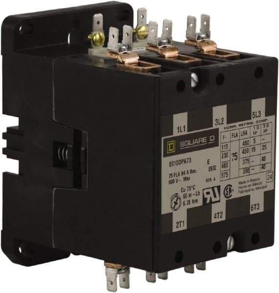 Square D - 3 Pole, 75 Amp Inductive Load, 24 Coil VAC at 50/60 Hz, Definite Purpose Contactor - Phase 1 and Phase 3 Hp:  15 at 230 VAC, 25 at 230 VAC, 40 at 460 VAC, 40 at 575 VAC, 5 at 115 VAC, 94 Amp Resistive Rating, CE, CSA, UL Listed - Exact Industrial Supply