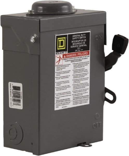 Square D - 30 Amp, 240 V, 3 Pole Fused Safety Switch - NEMA 3R, 3 hp at 240 VAC (Single Phase), 7.5 hp at 240 VAC (Triple Phase), 3PST Contact Form - Exact Industrial Supply
