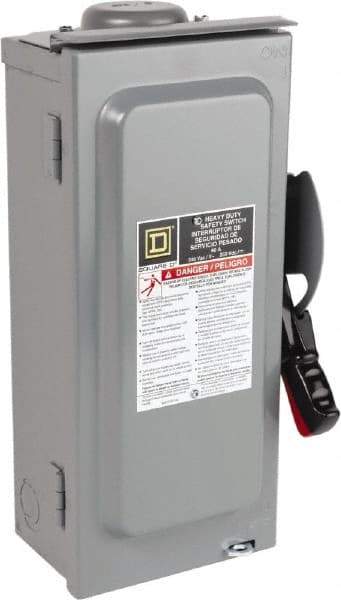 Square D - 60 Amp, 240 VAC, 250 VDC, 3 Pole Fused Safety Switch - NEMA 3R, 10 hp at 240 VAC, 10 hp at 250 VDC (Single Phase), 15 hp at 240 VAC, 10 hp at 250 VDC (Triple Phase), 3PST Contact Form - Exact Industrial Supply