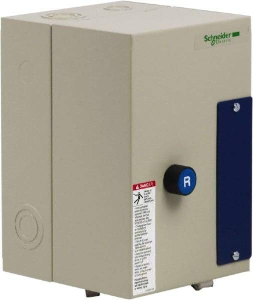 Schneider Electric - 3 Pole, 32 Amp, 120 Coil VAC, Nonreversible Enclosed IEC Motor Starter - 1 Phase Hp: 2 at 120 VAC, 5 at 240 VAC, 3 Phase Hp: 10 at 208 VAC, 10 at 230 VAC, 20 at 460 VAC, 25 at 575 VAC - Exact Industrial Supply