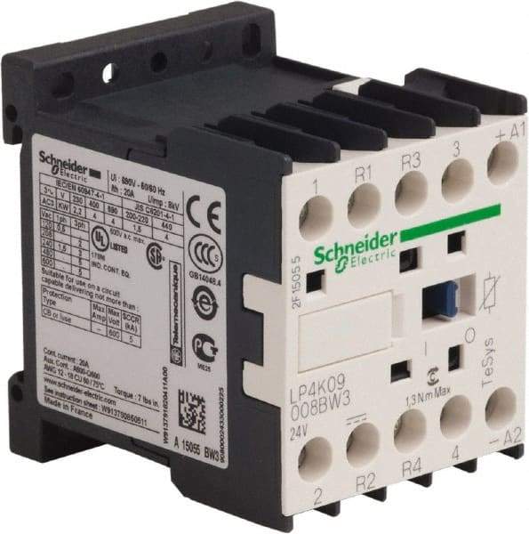 Schneider Electric - 4 Pole, 24 Coil VDC, 16 Amp at 690 VAC and 20 Amp at 440 VAC, Nonreversible IEC Contactor - BS 5424, CSA, IEC 60947, NF C 63-110, RoHS Compliant, UL Listed, VDE 0660 - Exact Industrial Supply