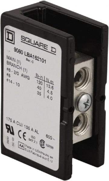 Square D - 3 Poles, 135 (Aluminium), 175 (Copper) Amp, Phenolic Power Distribution Block - 600 VAC, 1 Primary Connection - Exact Industrial Supply