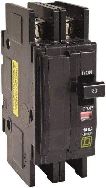 Square D - 35 Amp, 120/240 VAC, 2 Pole, DIN Rail Mounted, Flush Mount, Surface Mount Miniature Circuit Breaker - Thermal Magnetic Trip, 10 kA at 120/240 VAC Breaking Capacity, 14-2 (Aluminum), 14-2 (Copper) AWG, 74mm Deep x 103mm High x 19mm Wide - Exact Industrial Supply
