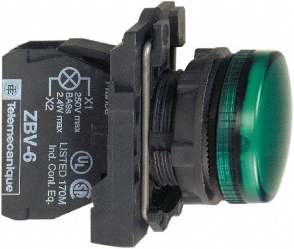 Schneider Electric - 24 VAC/VDC at 50/60 Hz Green Lens LED Pilot Light - Round Lens, Screw Clamp Connector, 30mm Wide, Vibration Resistant, Water Resistant - Exact Industrial Supply