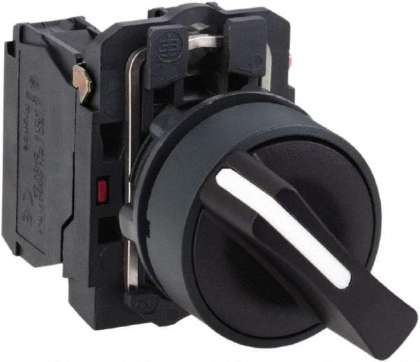 Schneider Electric - 22mm Mount Hole, 3 Position, Handle Operated, Selector Switch with Contact Blocks - Black, Maintained (MA), 2NO, Shock, Vibration and Water Resistant - Exact Industrial Supply