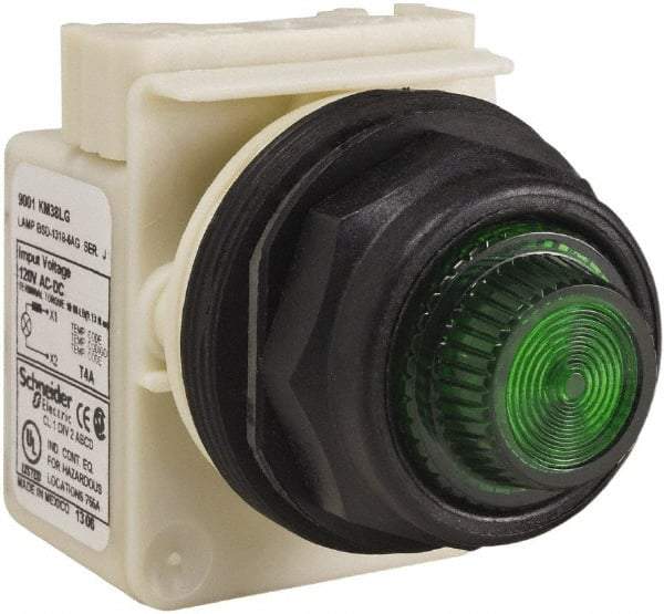 Schneider Electric - 120 V Green Lens LED Indicating Light - Round Lens, Screw Clamp Connector, Corrosion Resistant, Dust Resistant, Oil Resistant - Exact Industrial Supply