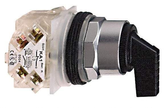 Schneider Electric - 1.18 Inch Mount Hole, 3 Position, Knob and Pushbutton Operated, Selector Switch - Black, Momentary (MO), 2NO/2NC, Weatherproof and Dust and Oil Resistant - Exact Industrial Supply