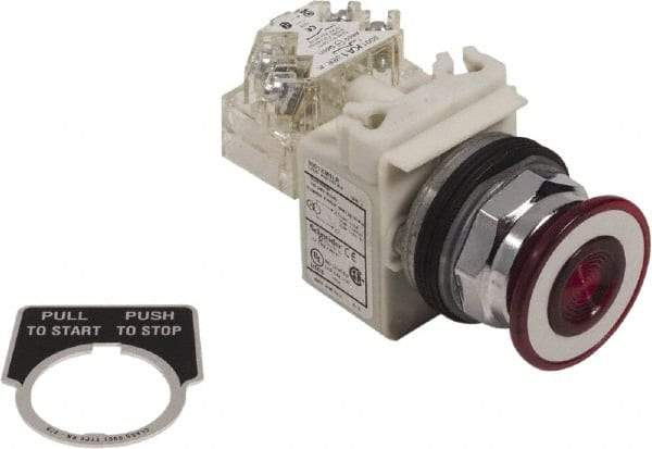 Schneider Electric - 30mm Mount Hole, Extended Straight, Pushbutton Switch with Contact Block - Red Pushbutton, Maintained (MA) - Exact Industrial Supply